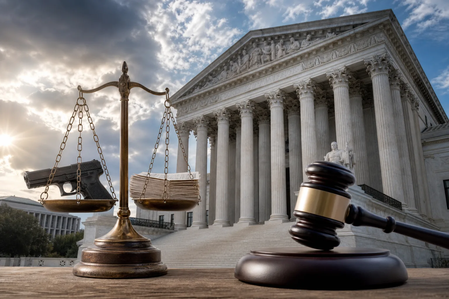 Editorial illustration for Supreme Court leaves New York gun-industry liability law in place for now