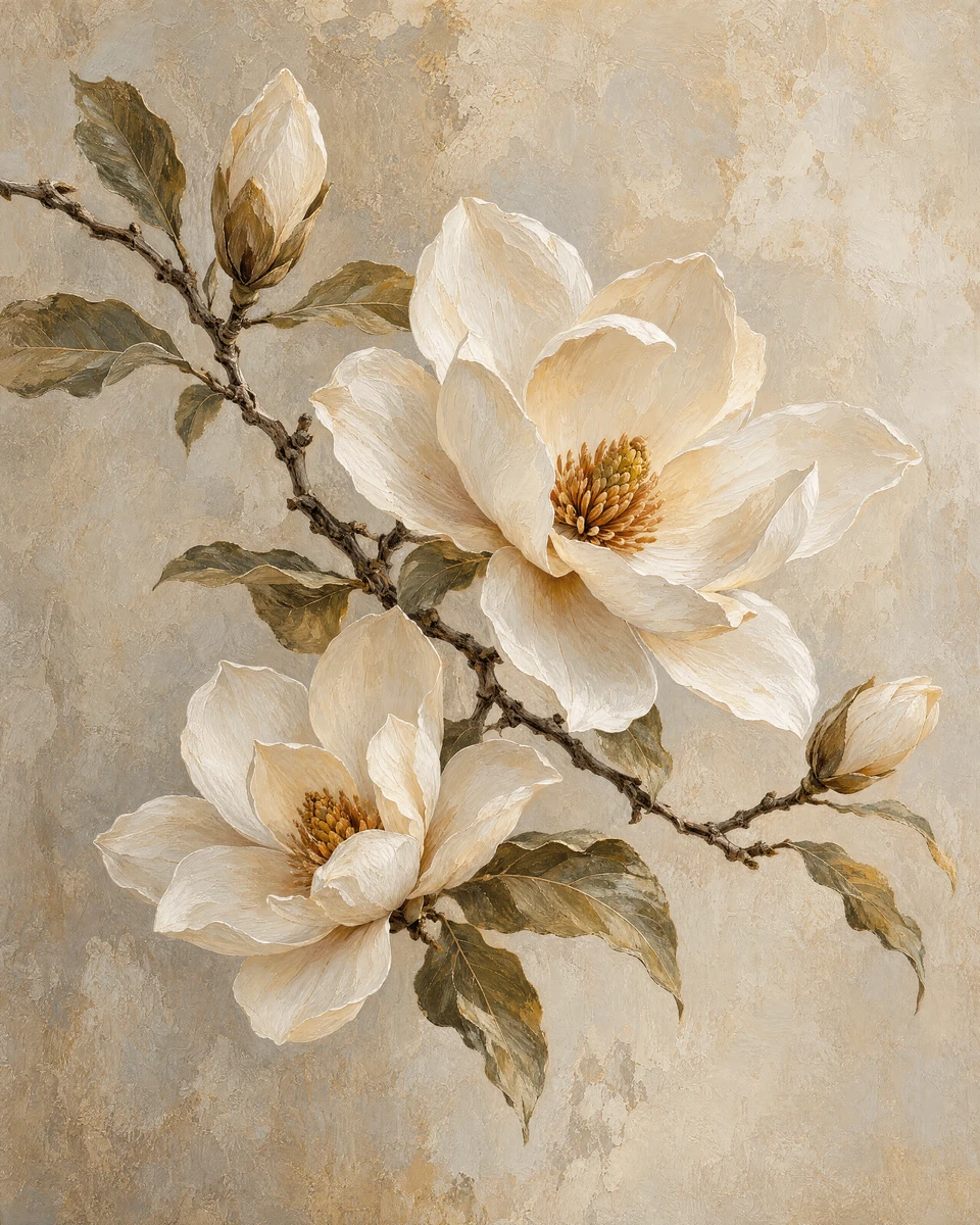 Ivory magnolia blossoms on a soft neutral ground